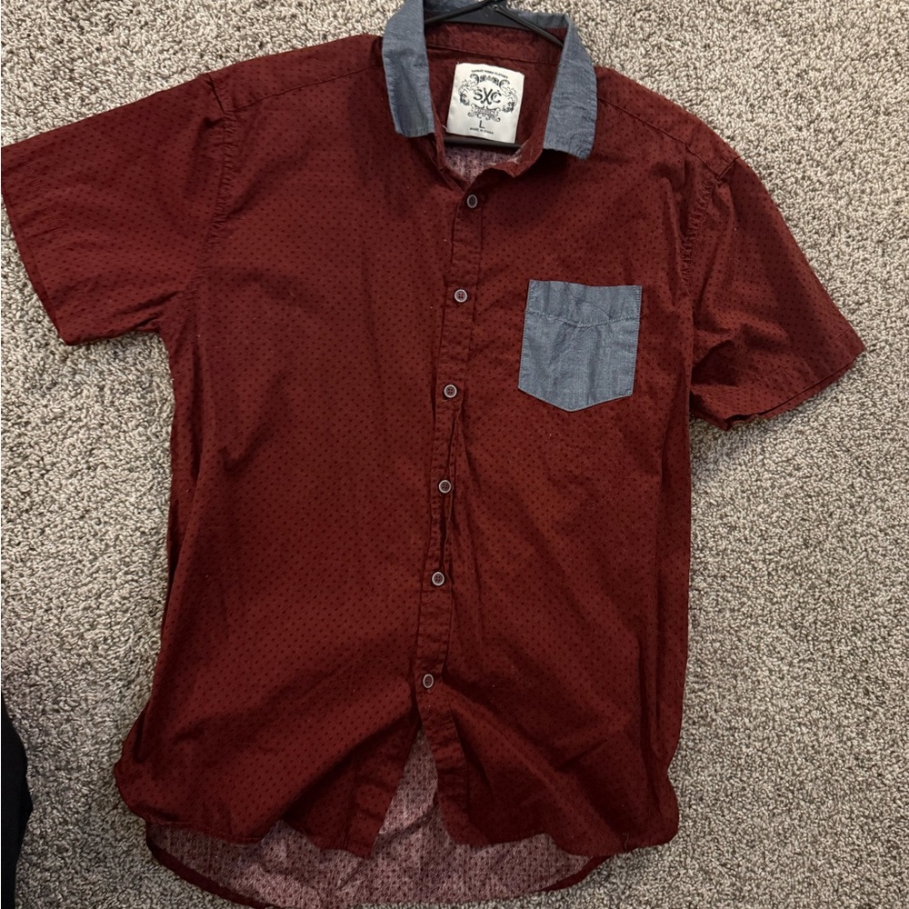 Men's Red Button-Up Shirt with Contrast Pocket